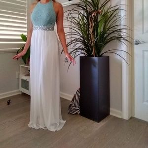 blue and white long prom dress  ☁️ city studio